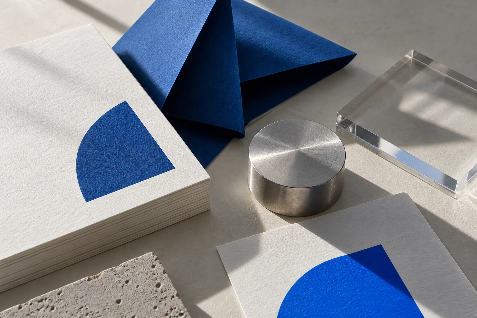 Estudo visual com papéis azuis dobrados, impressos geométricos, metal e acrílico sobre uma superfície clara.